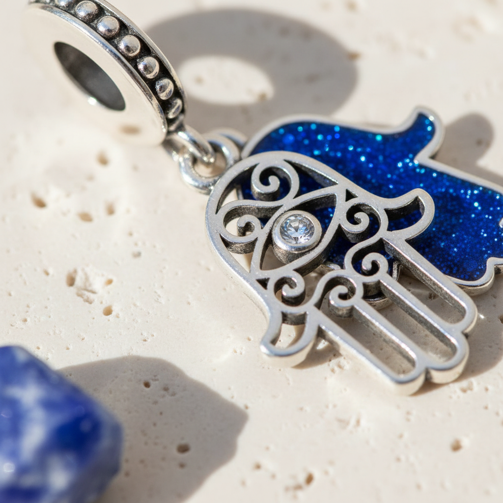 Close up of the sterling silver hamsa pendant — blue enamel hand with a clear crystal centre, hanging from a round bezel