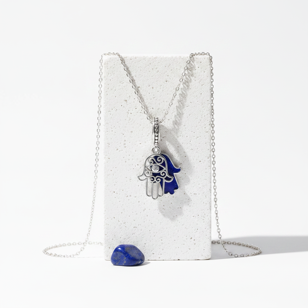 Sterling silver hamsa charm in deep blue enamel, shown against a plain background