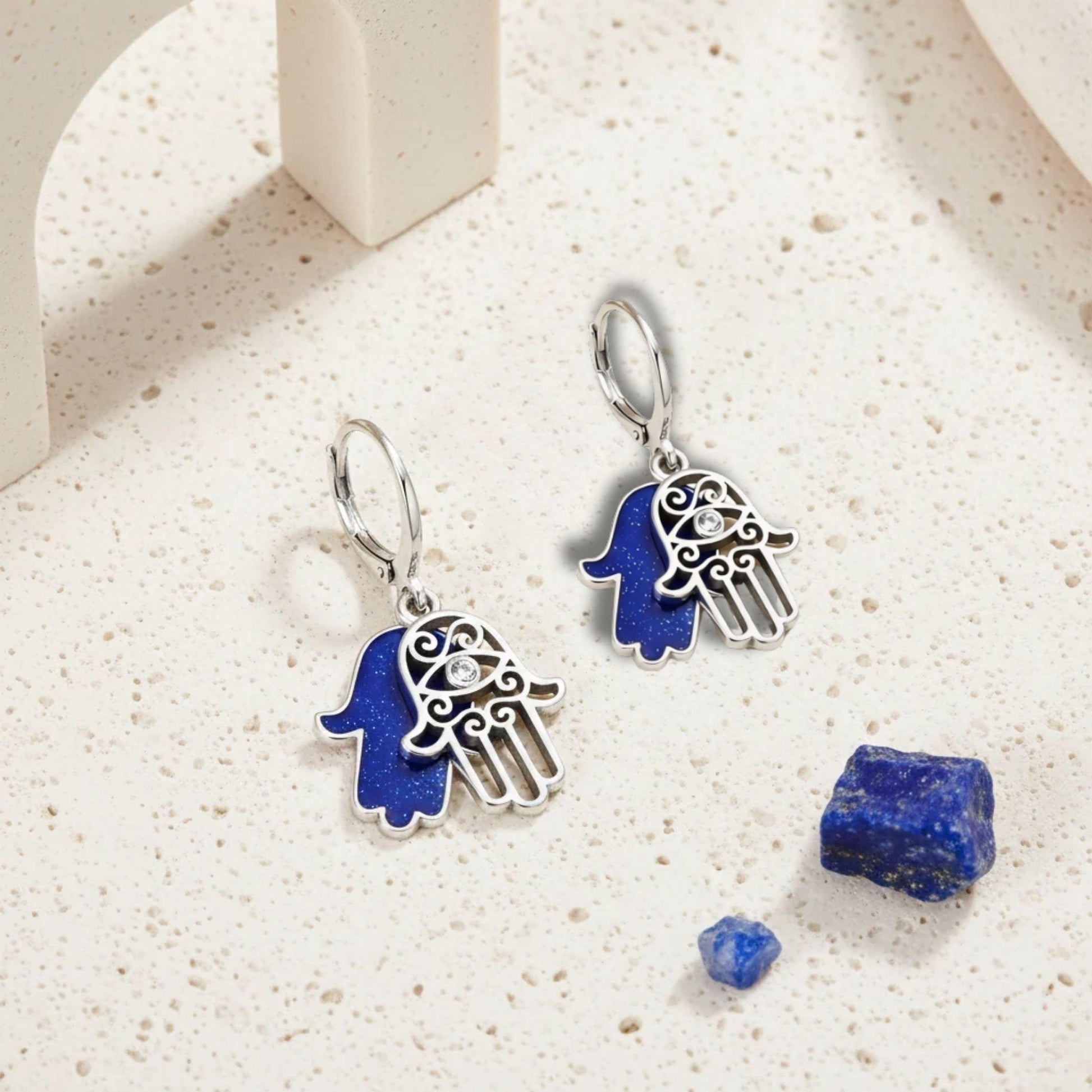 Sterling silver hamsa leverback earrings with blue enamel hamsa drops