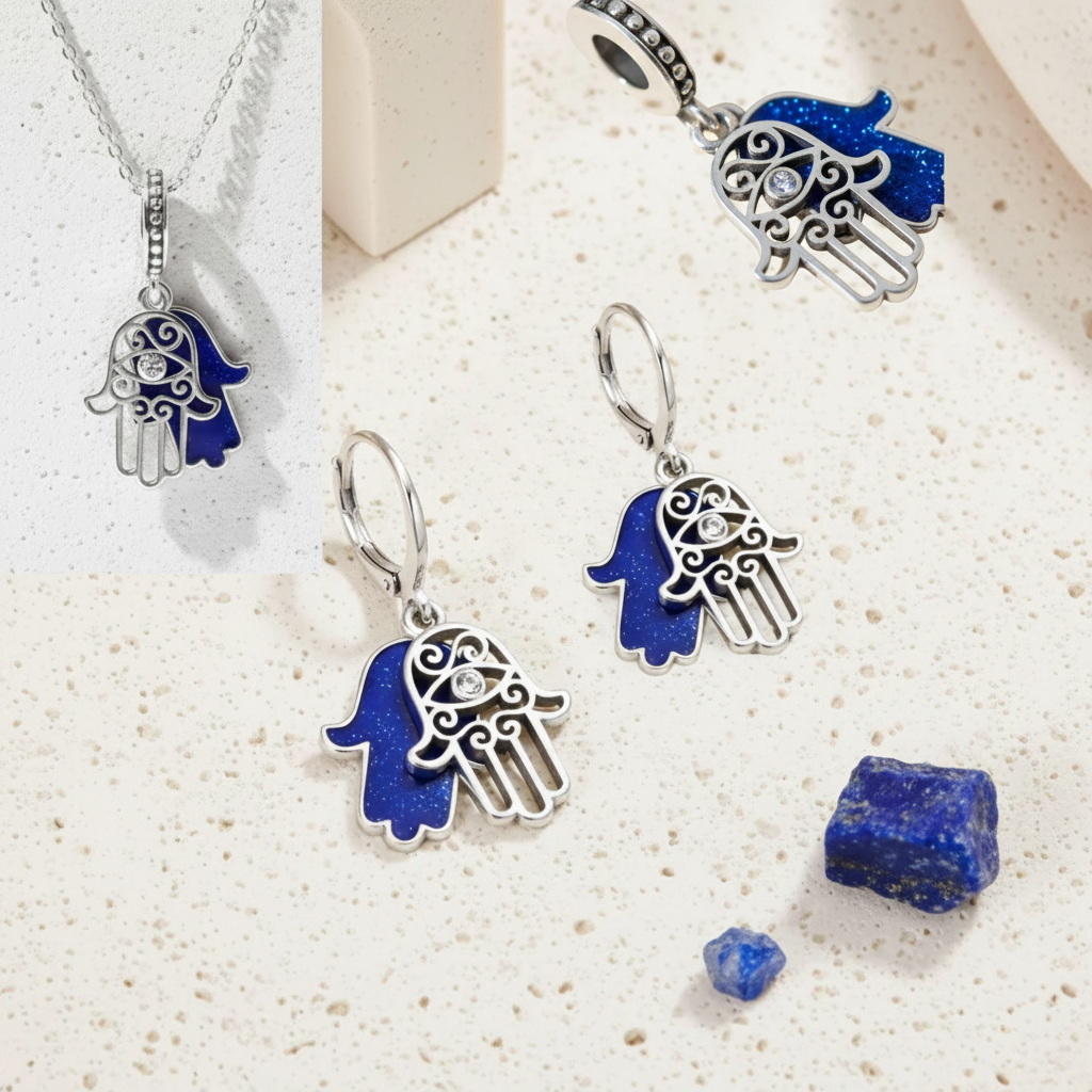 Sterling silver hamsa set — blue enamel pendant necklace and matching leverback earrings
