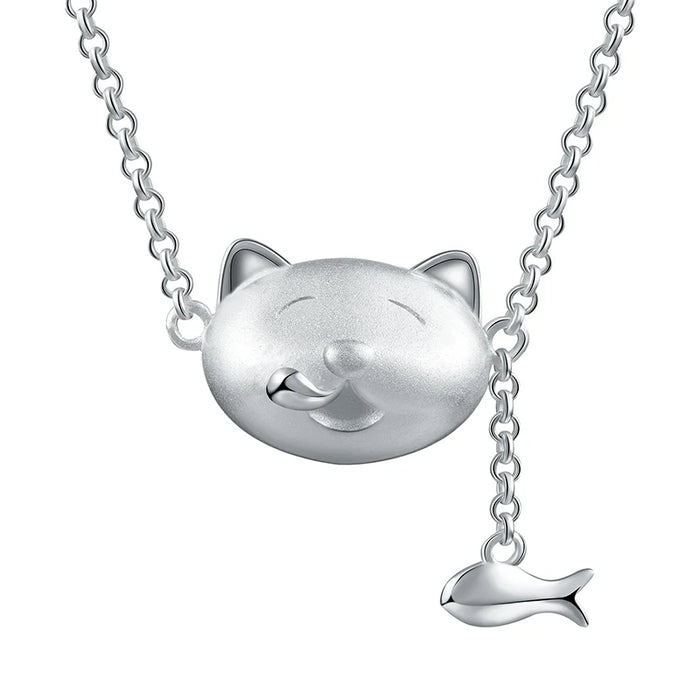 Playful Cat & Fish Sterling Silver Pendant Necklace - 925 Silver Handcrafted | Mystic Soul Jewelry