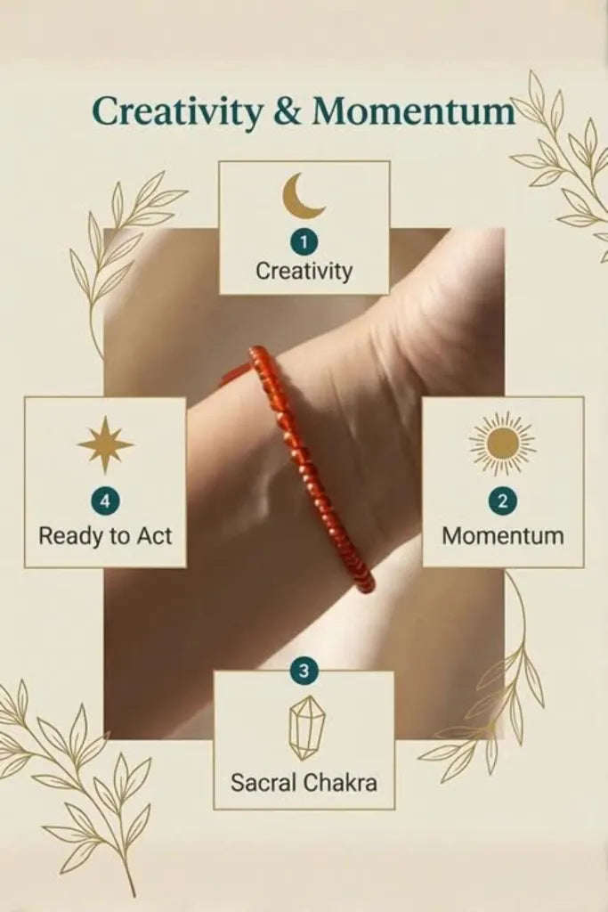 Hand wearing a red beaded bracelet with labels for 'Creativity & Momentum