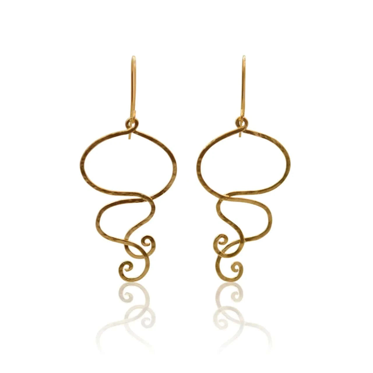 Gold earrings with intricate designs on a white background