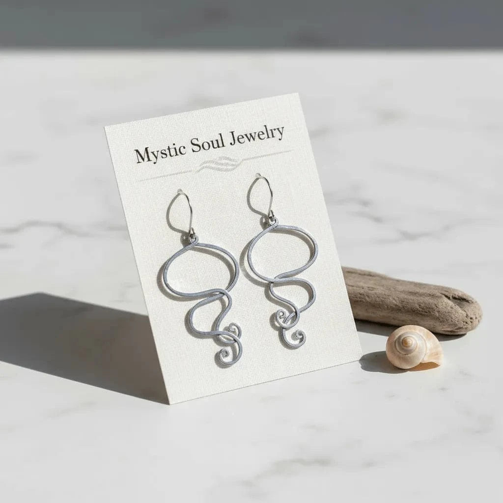 Silver earrings on a 'Mystic Soul Jewelry' card with a shell and driftwood on a light background