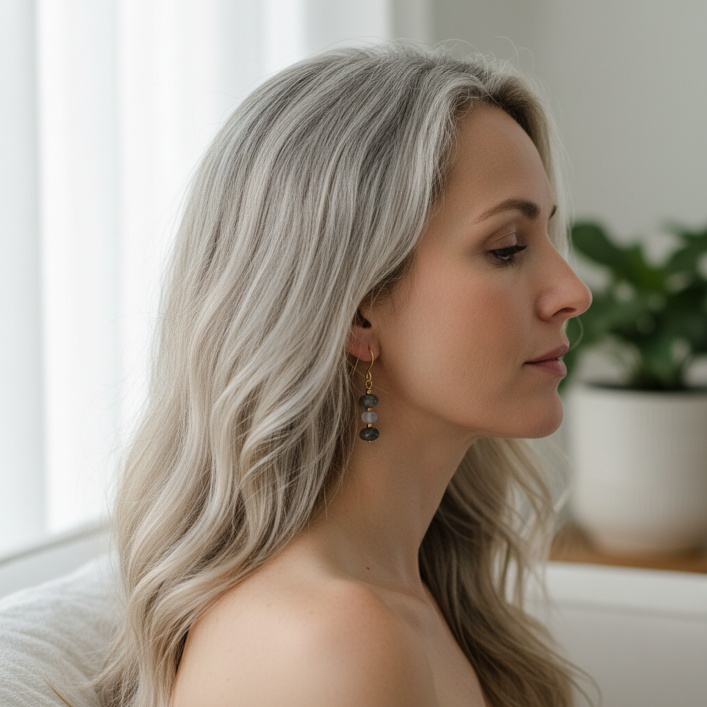 Woman with long, wavy hair wearing earrings in a softly lit room.