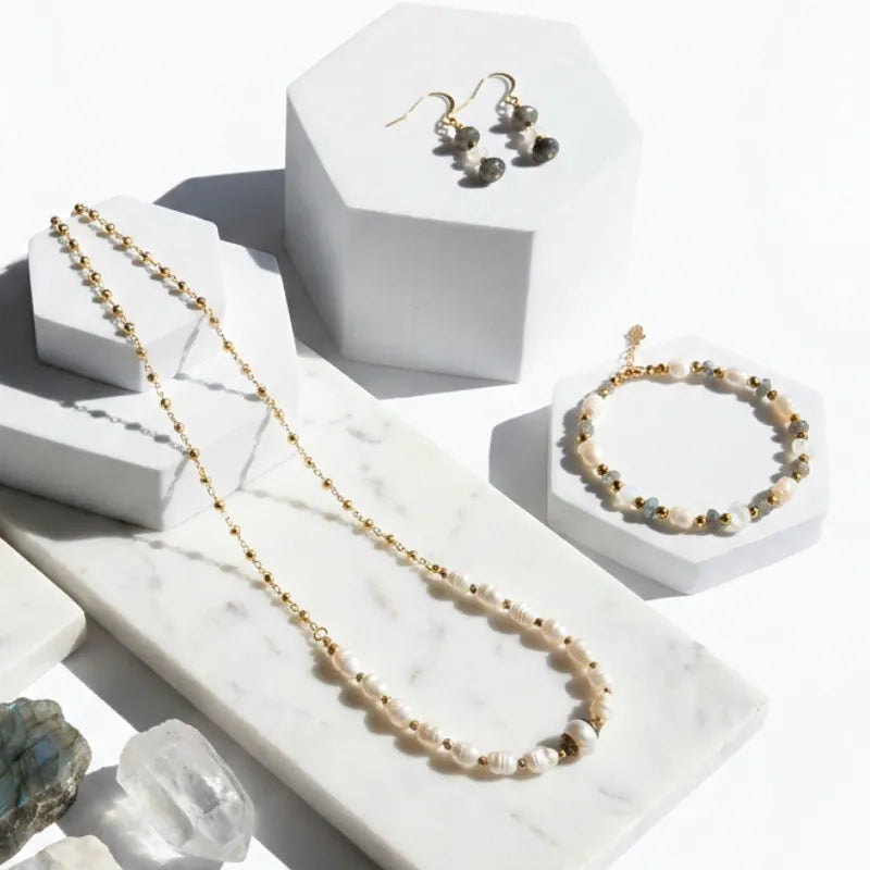 labradorite, moonstone and pyrite necklace, earring and bracelet set — one-of-a-kind crystal jewelry for grounding