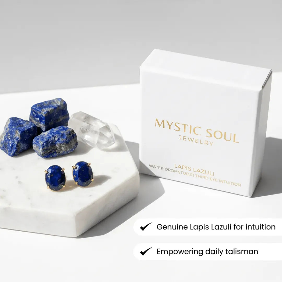 Lapis Lazuli earrings with crystals and a 'Mystic Soul Jewelry' box on a white surface.