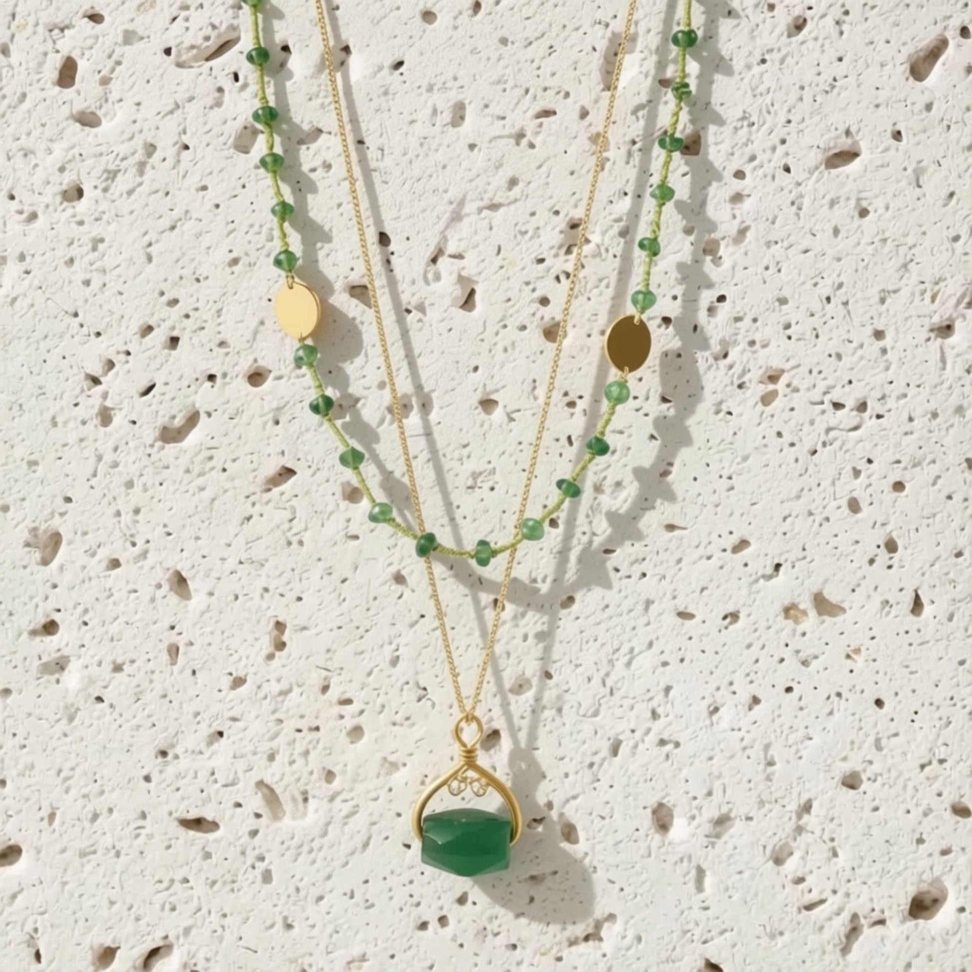 Lily green agate double strand necklace in gold, the original design worn on The Vampire Diaries, handcrafted by Andrea of Mystic Soul Jewelry.