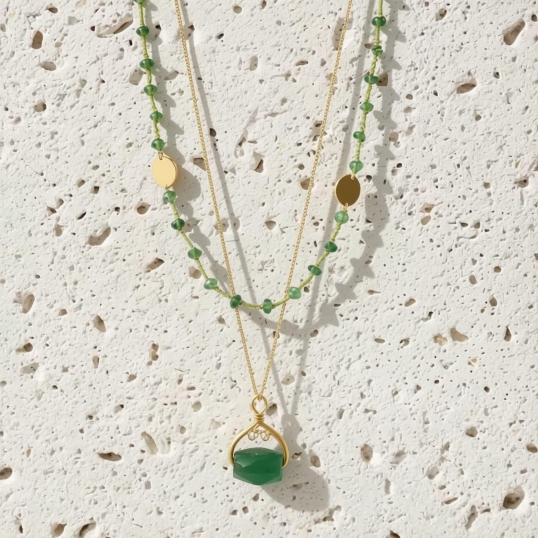 Lily green agate double strand necklace in gold, the original design worn on The Vampire Diaries, handcrafted by Andrea of Mystic Soul Jewelry.