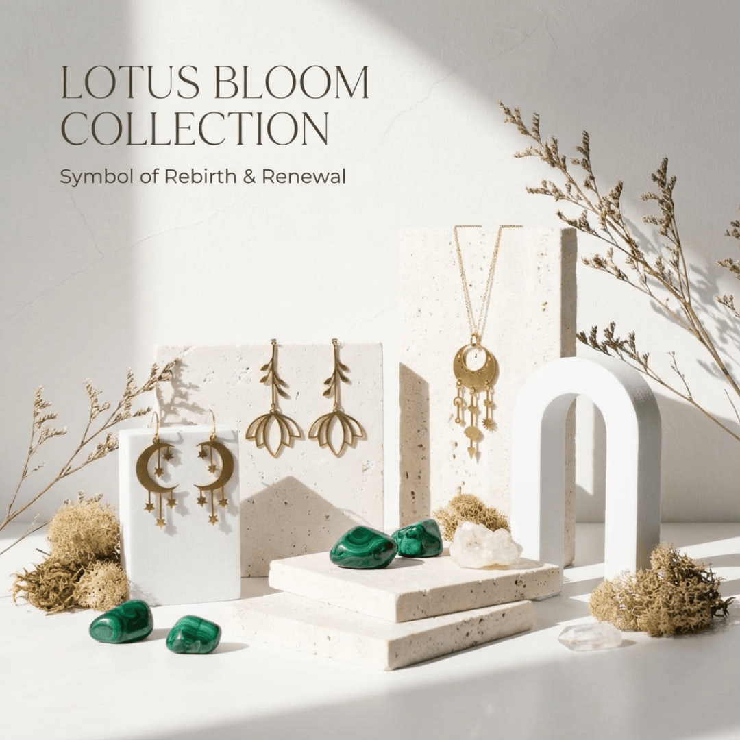 Jewelry display with 'Lotus Bloom Collection' text on a white background