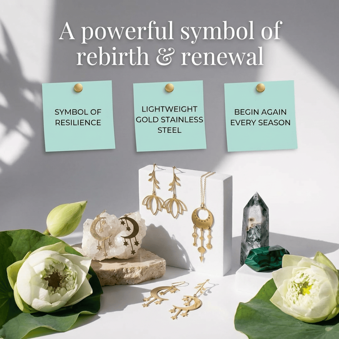 Jewelry display with gold earrings, crystals, and flowers on a white surface with text about symbolism and features.