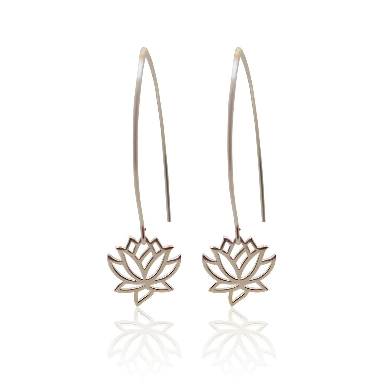 Lotus flower earrings on thin hooks against a white background