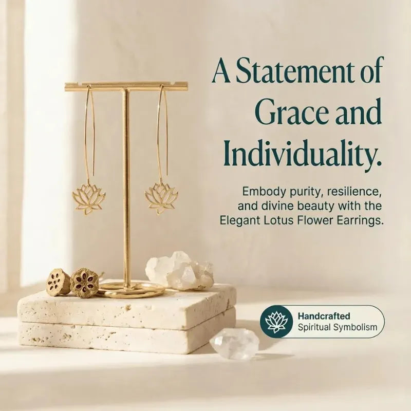 Elegant Lotus Flower Earrings on a stand with text about purity, resilience, and divine beauty.