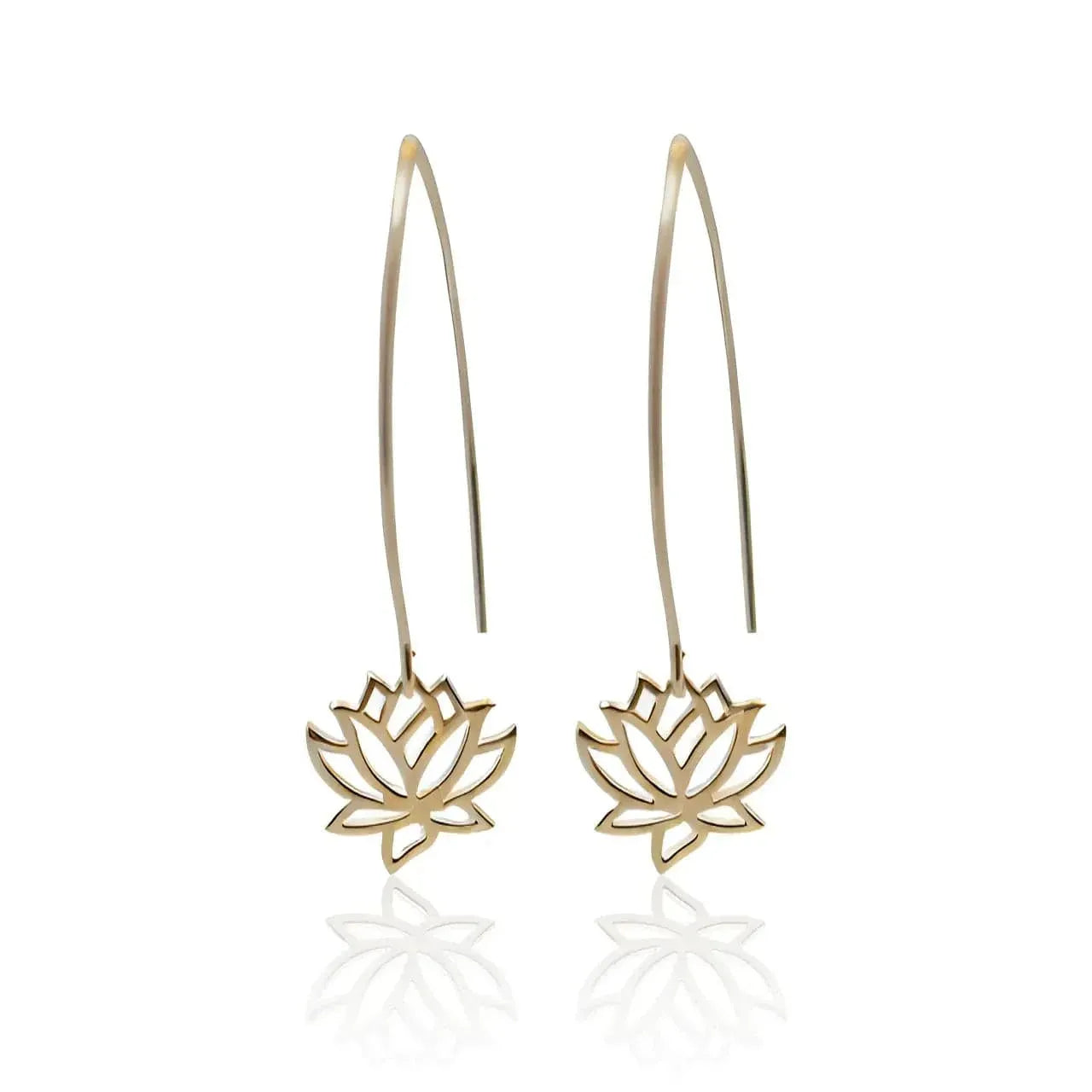 Gold lotus flower earrings on thin hooks against a white background
