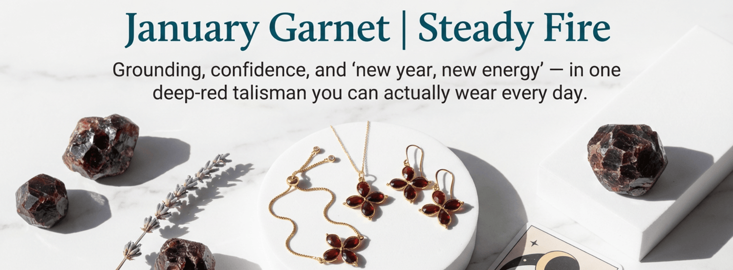 Jewelry set with garnet stones on a white background, featuring text about January Garnet.