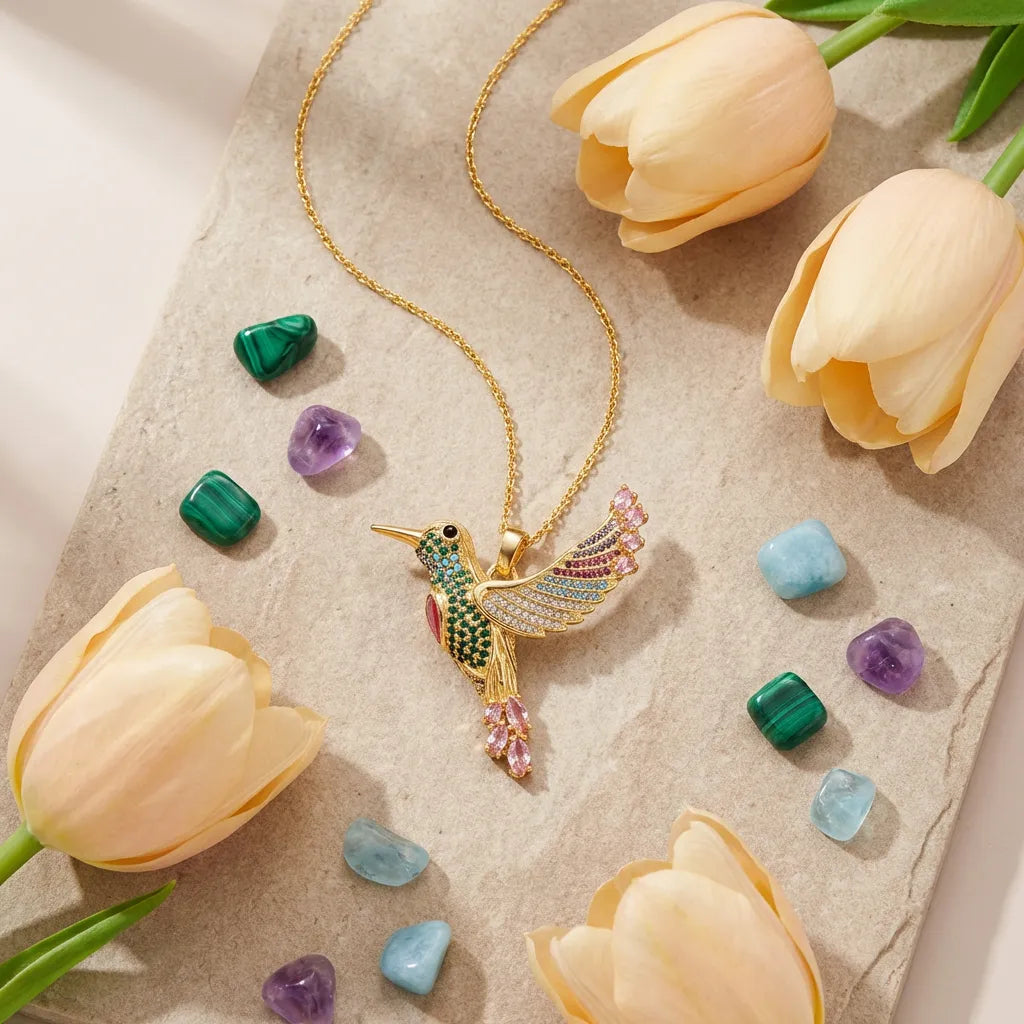 Colorful hummingbird necklace with gemstones and tulips on a textured surface