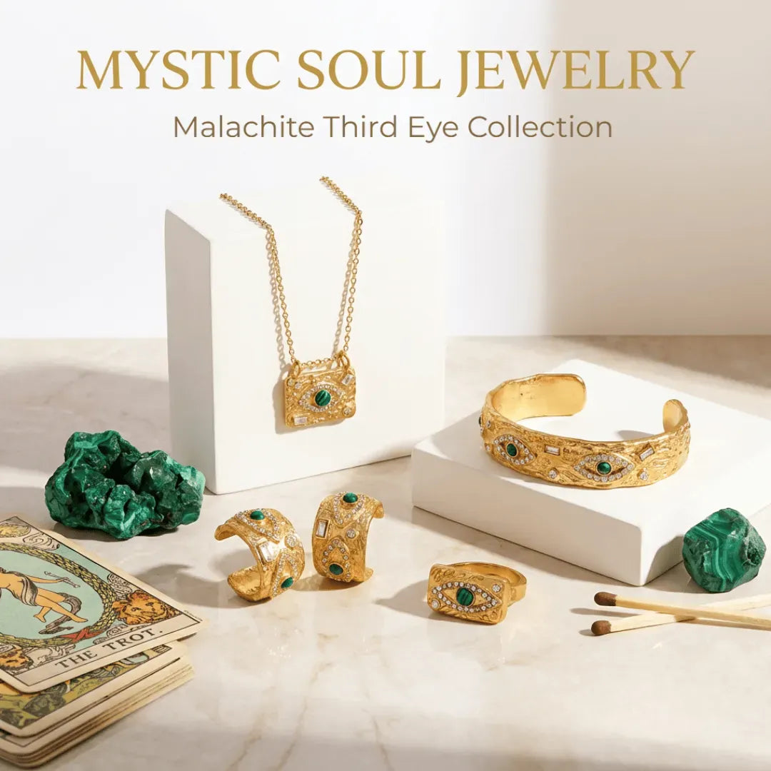 Mystic Soul Jewelry Malachite Third Eye Collection on a light background