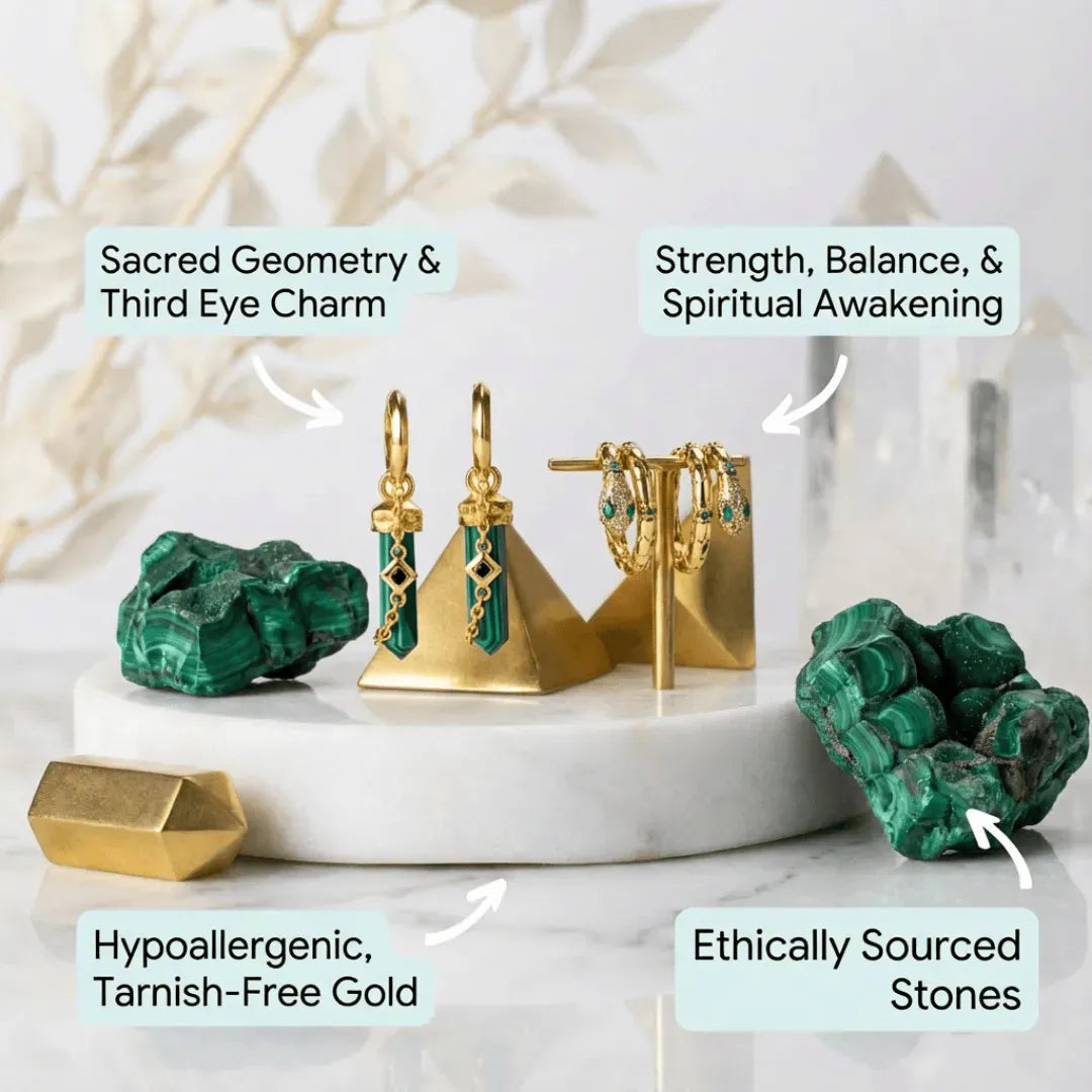 Gold jewelry set with green stones on a marble stand, featuring text labels about product features.