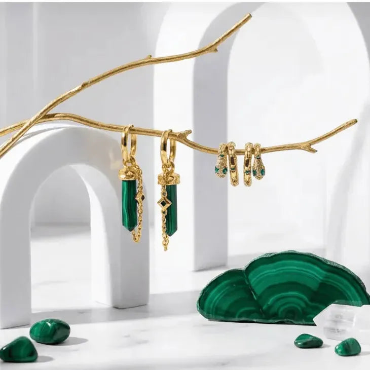 Gold earrings with green gemstones on a white background