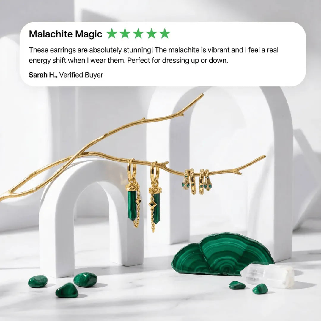 Gold earrings with malachite stones on a white background, featuring a customer review.
