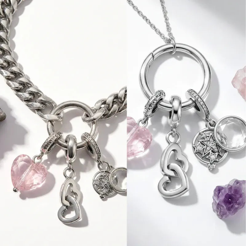 Silver charm necklaces with heart and round pendants on a white background