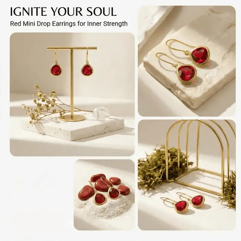 Red mini drop earrings displayed on a stand with text 'IGNITE YOUR SOUL' and 'Red Mini Drop Earrings for Inner Strength'.