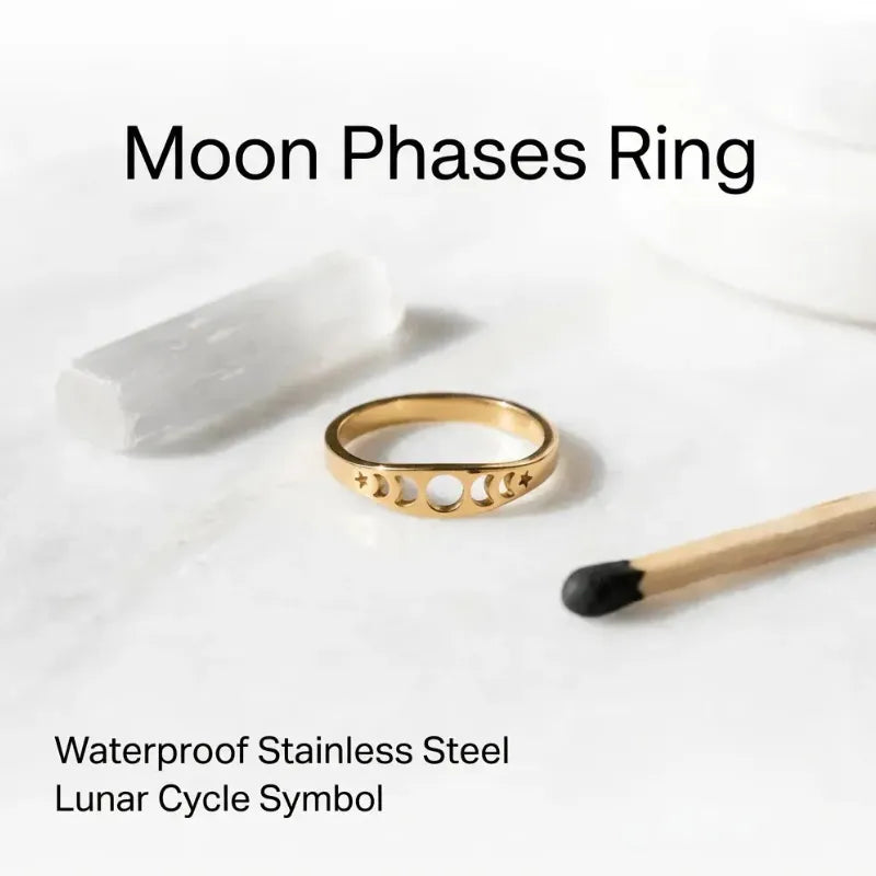 Gold ring with moon phases design on a white background