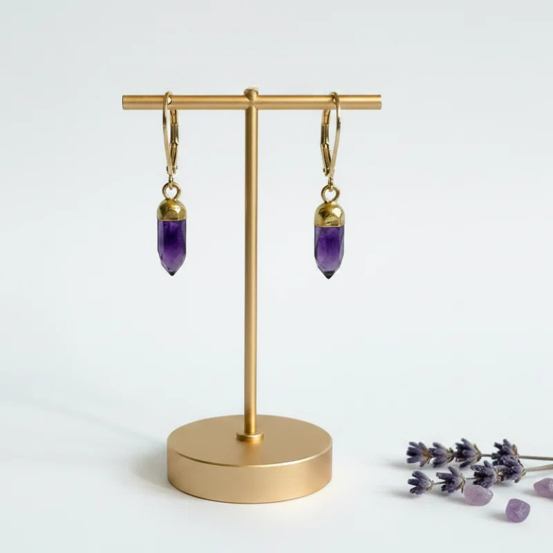Natural amethyst hexagon earrings with flat-cut faceted purple stones on leverbacks