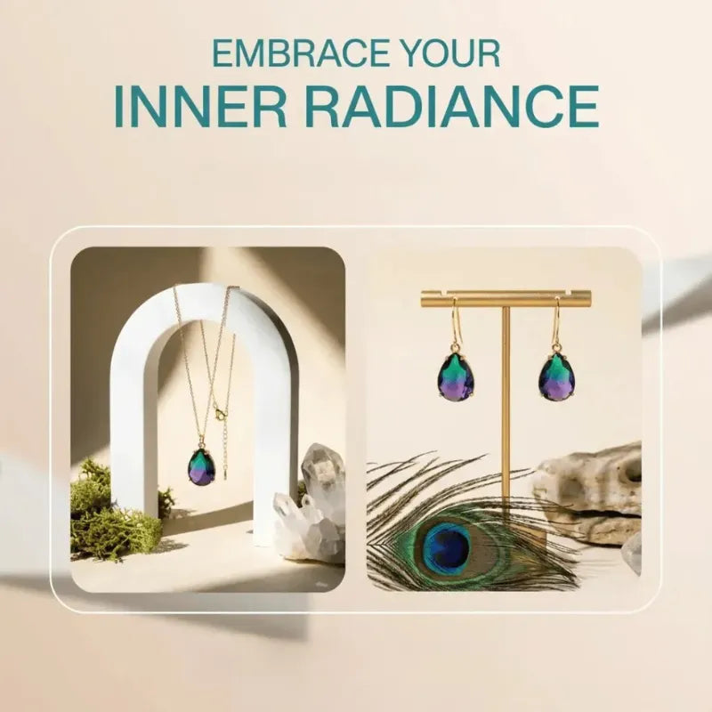Jewelry display with peacock feather and text 'Embrace Your Inner Radiance' on a beige background