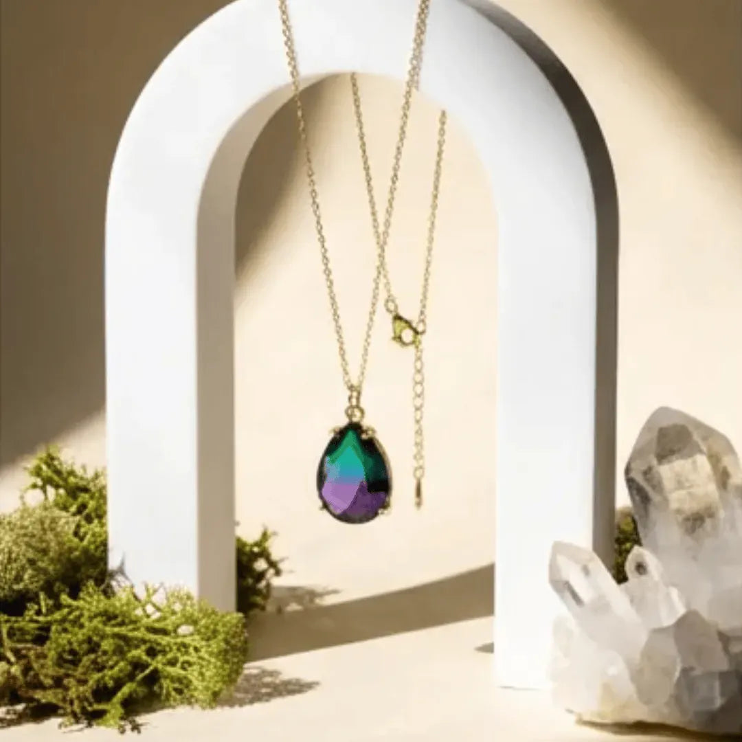 purple and green ombre drop necklace in gold — gradient teardrop pendant jewelry
