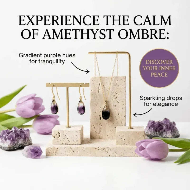 Jewelry display with amethyst ombre earrings and crystals, surrounded by purple tulips.