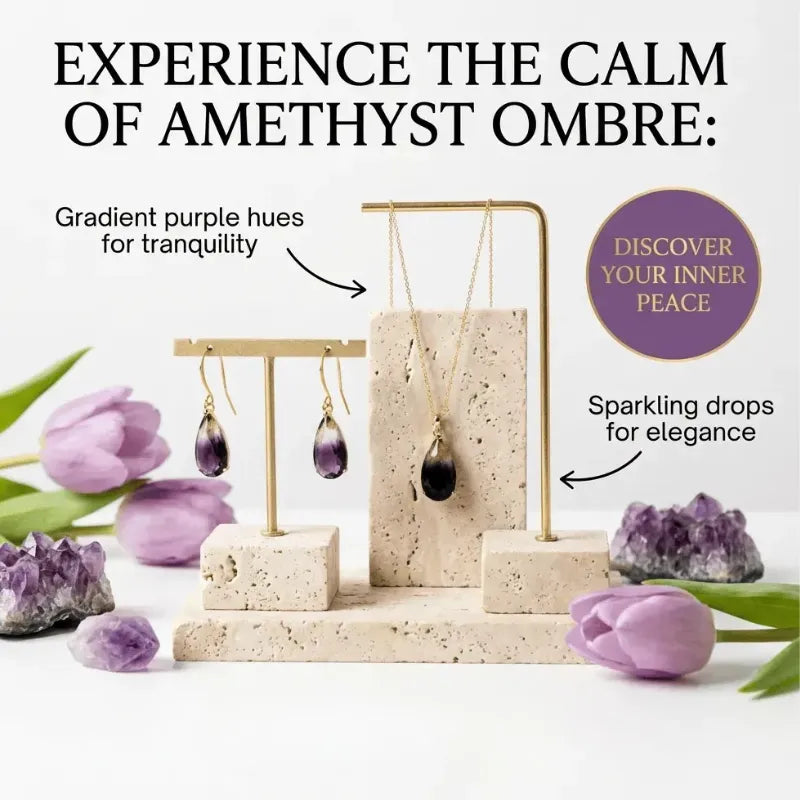 Amethyst jewelry set with earring and necklace on a display stand, surrounded by amethyst crystals and purple tulips.