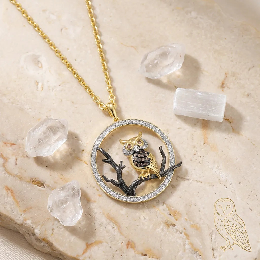 Gold owl pendant necklace on a stone surface with crystals