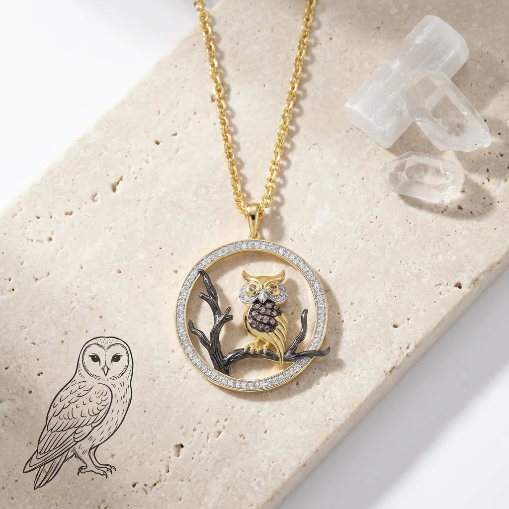 Gold necklace with an owl pendant on a stone surface with a small owl illustration.