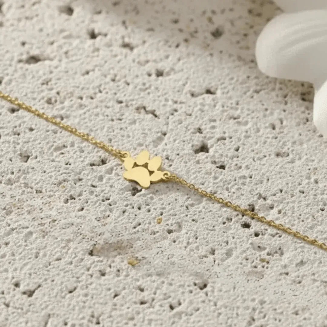 Gold paw print bracelet on a textured surface