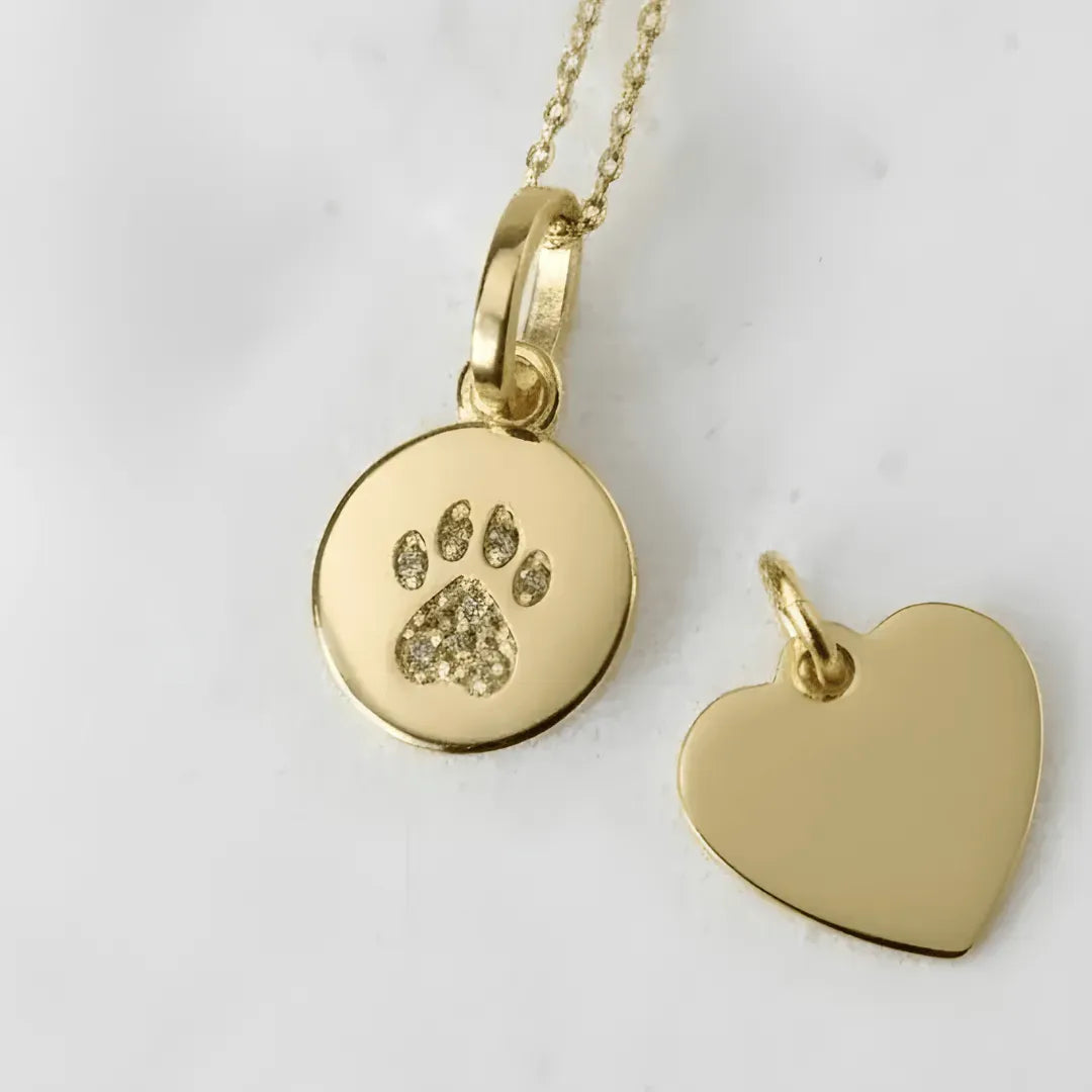 Gold necklace with paw print pendant and heart-shaped tag on a white background