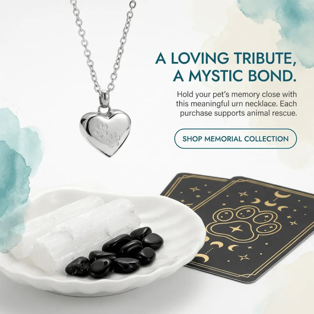 Silver heart-shaped urn necklace with stones and a card on a white background