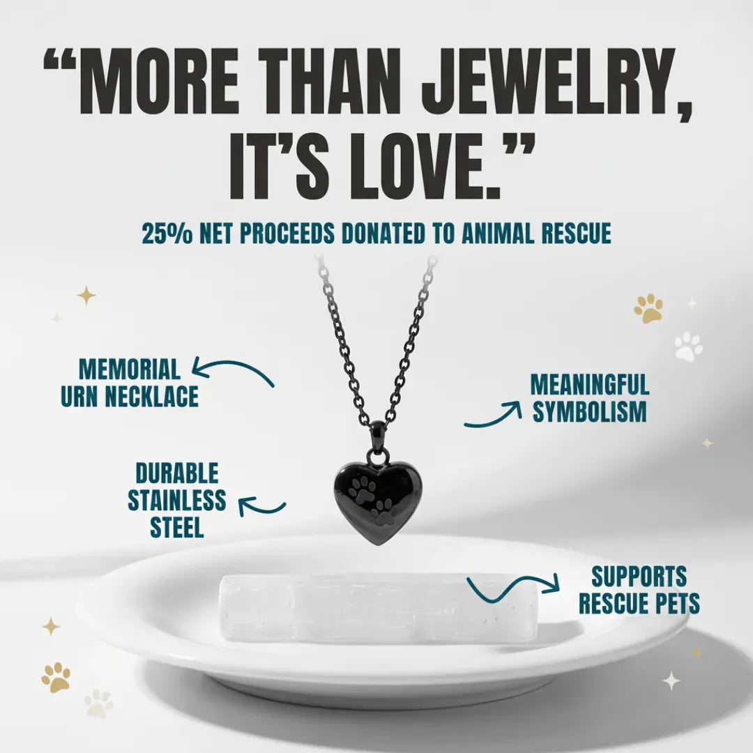 Memorial urn necklace with black heart pendant on a white plate, text about donation to animal rescue.