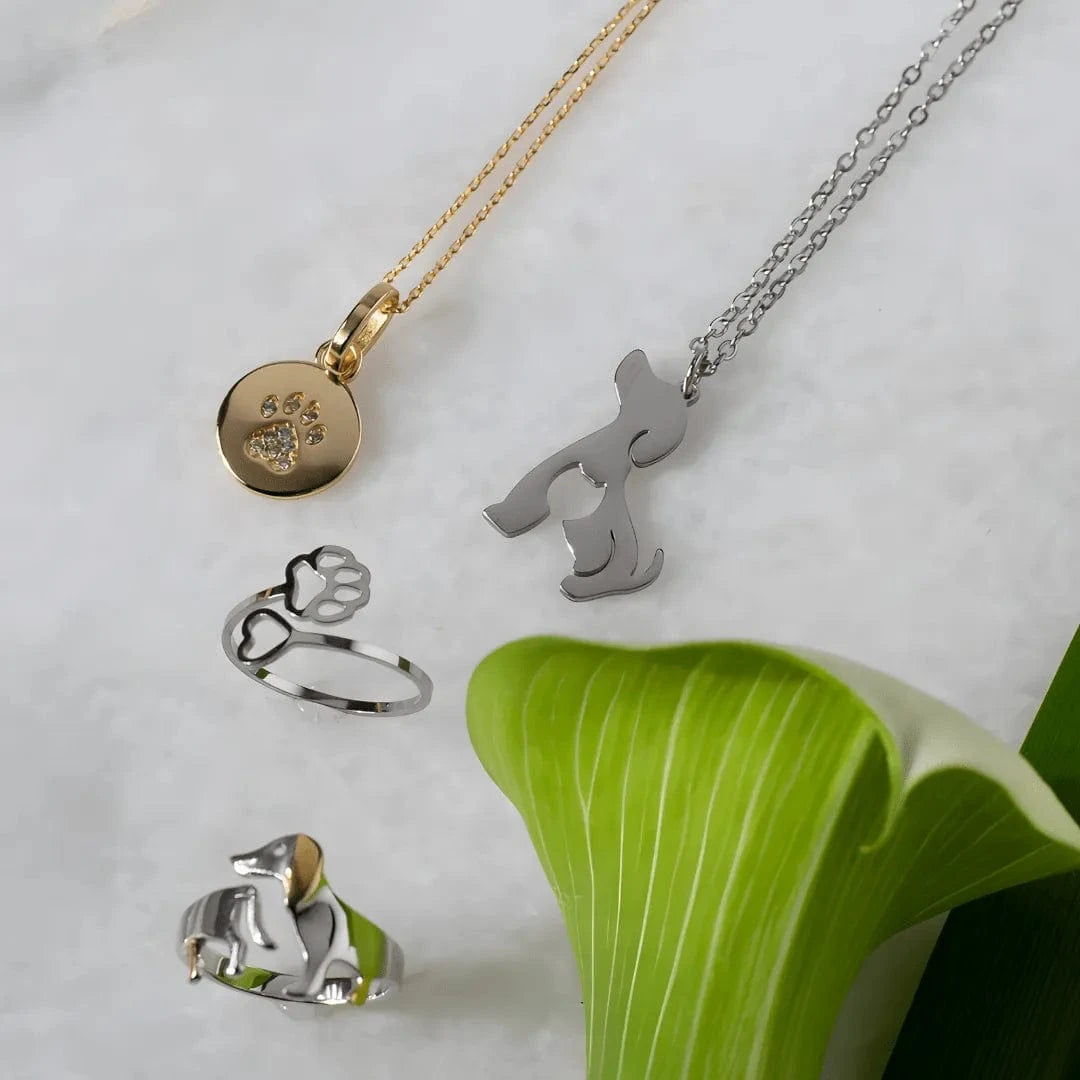 Jewelry set with necklaces and rings on a light surface with a green leaf.