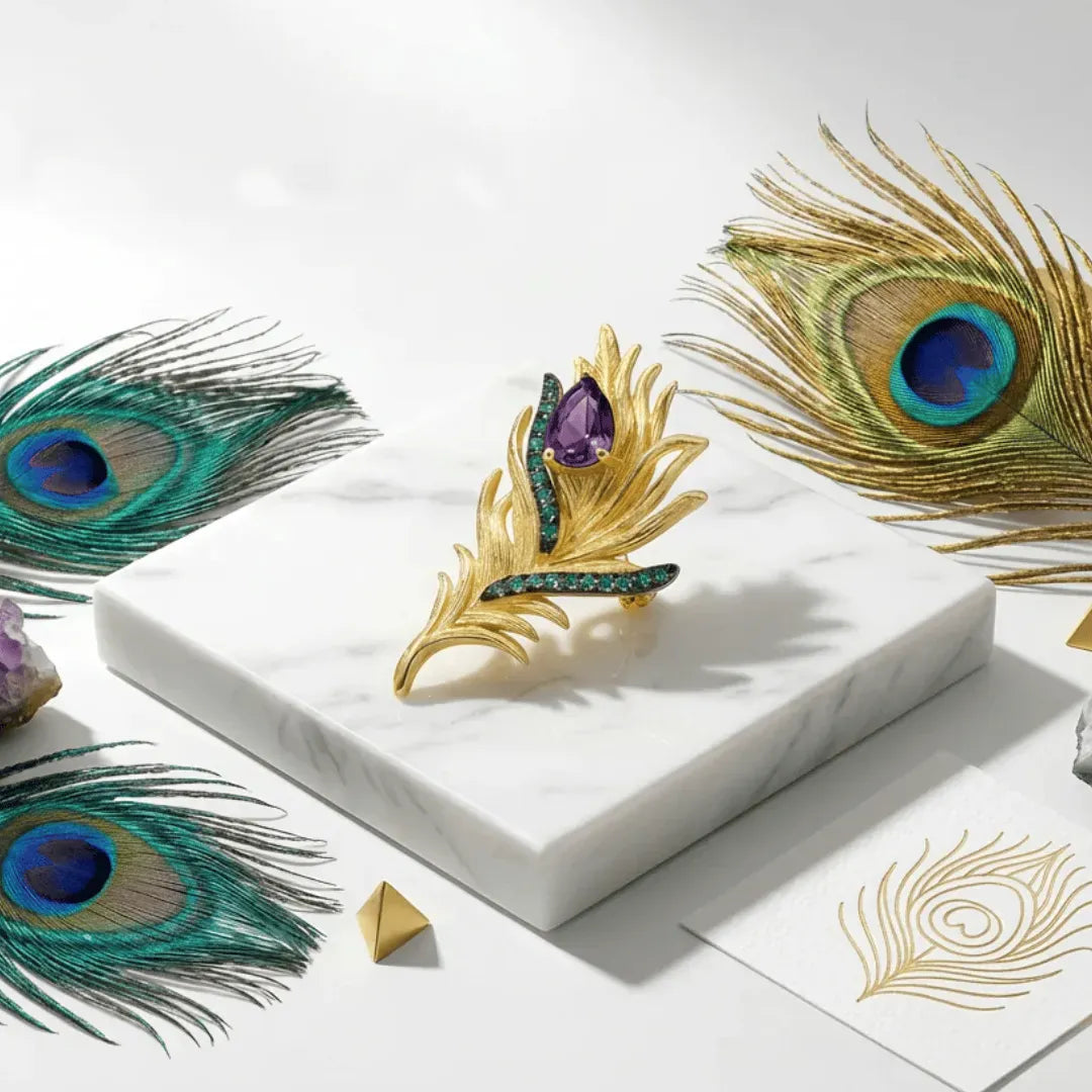 Gold peacock feather ring with purple gemstone on a white surface with peacock feathers around.