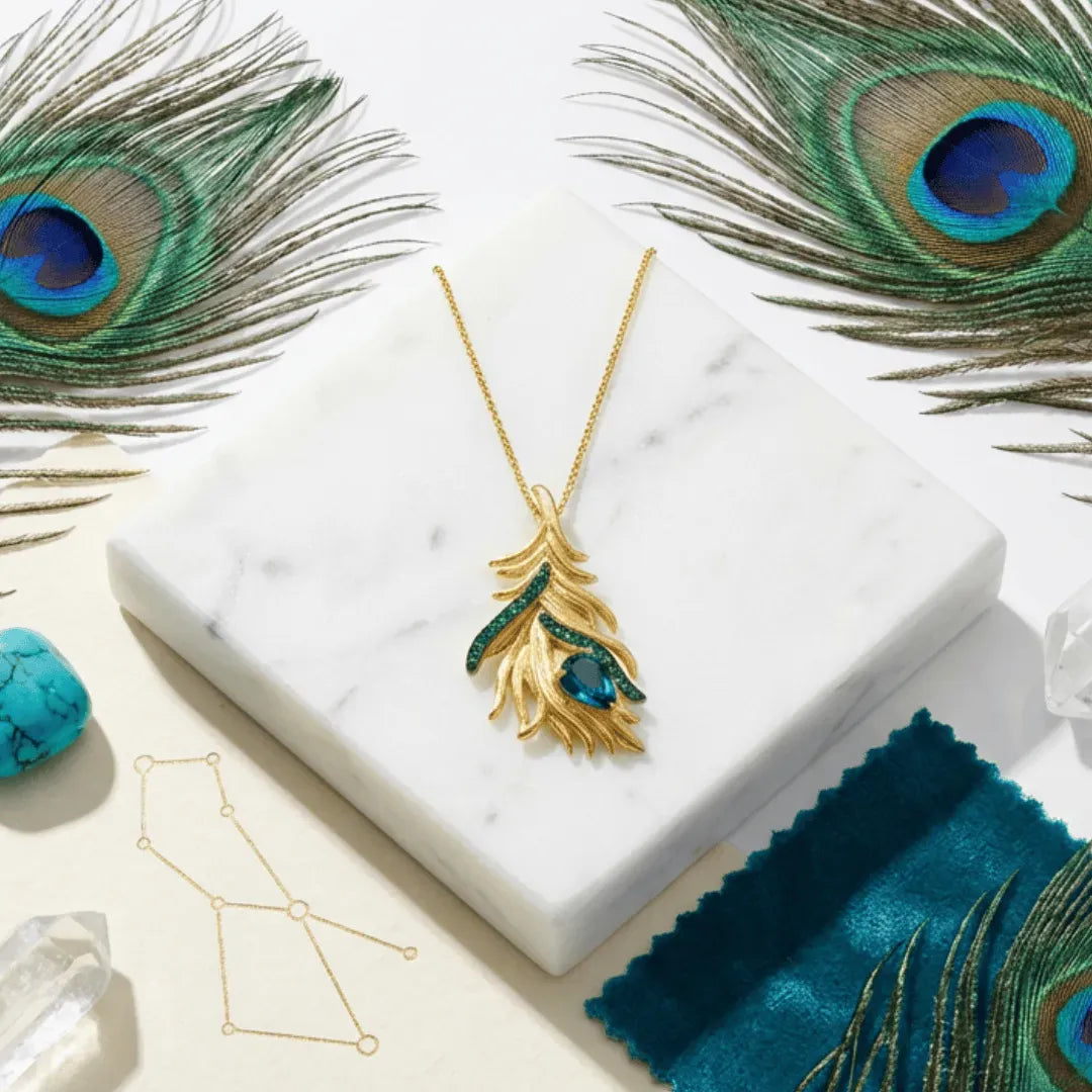Gold feather necklace with green gemstones on a marble surface with peacock feathers and crystals.