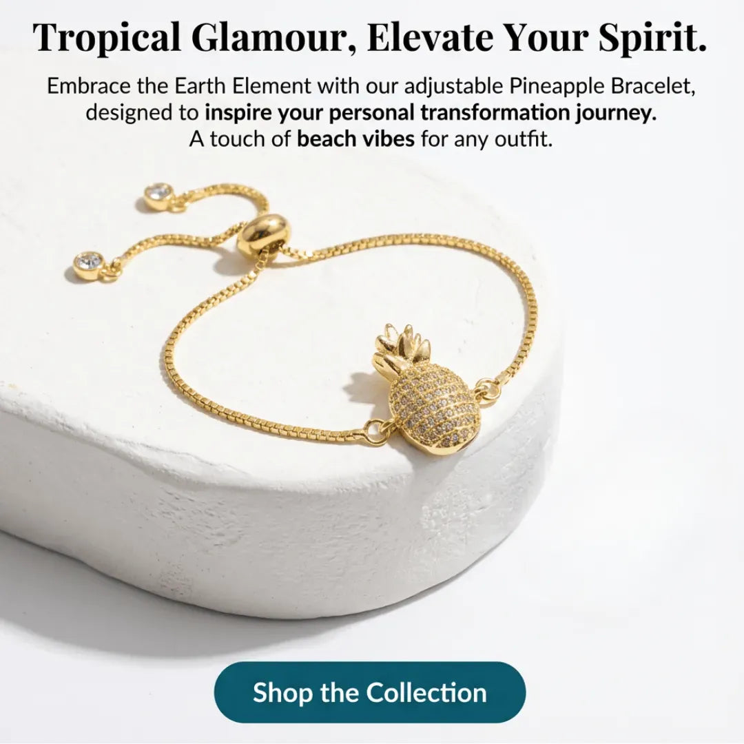 Gold pineapple bracelet on a white stone with promotional text about embracing the Earth Element.