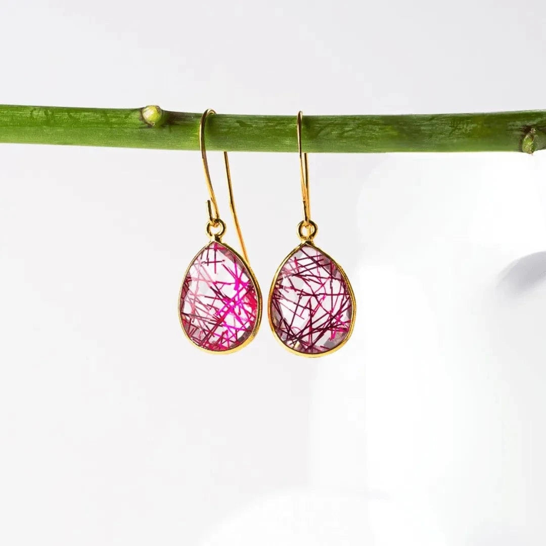 Teardrop-shaped earrings with pink and gold design on a white background