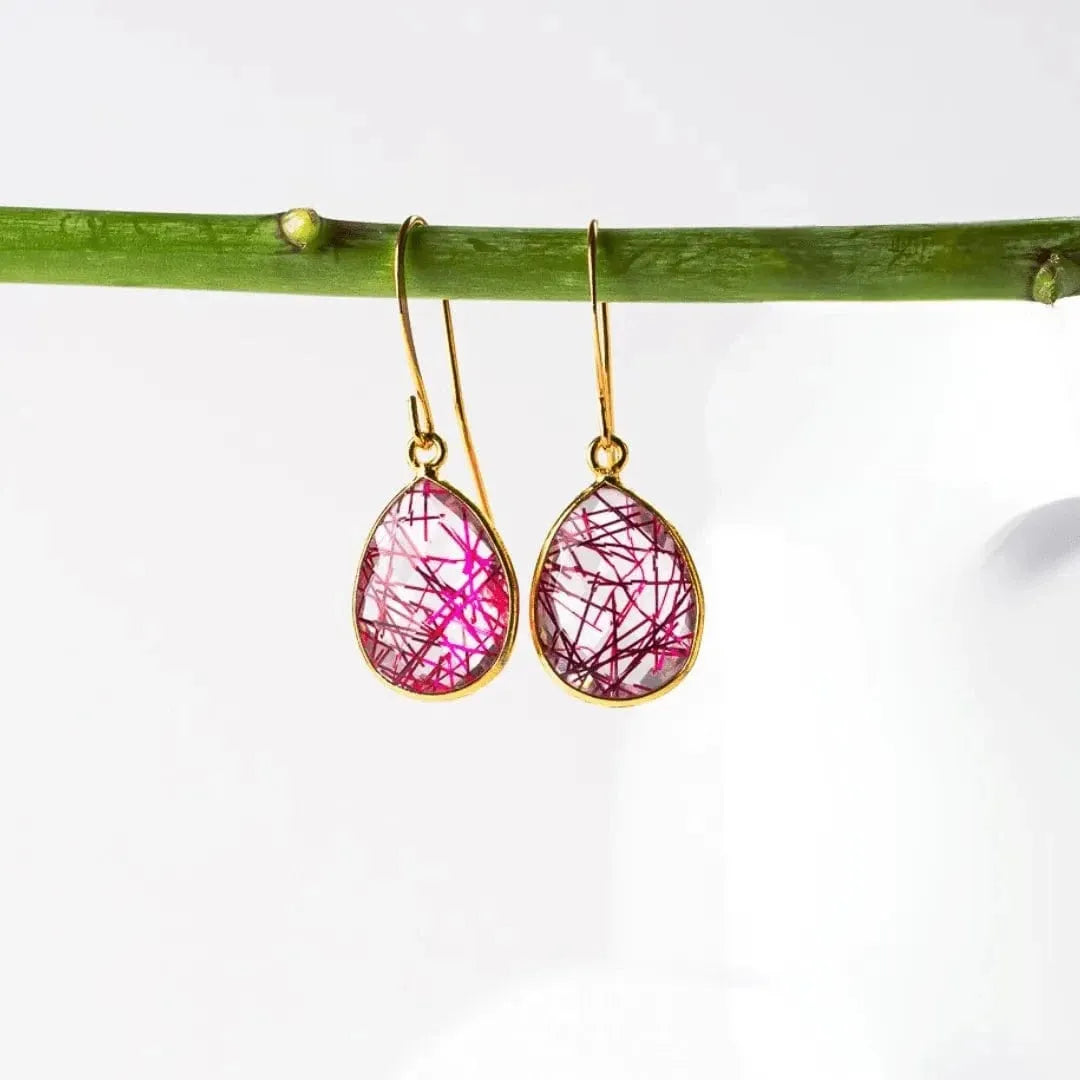 Teardrop-shaped earrings with pink and gold design on a white background