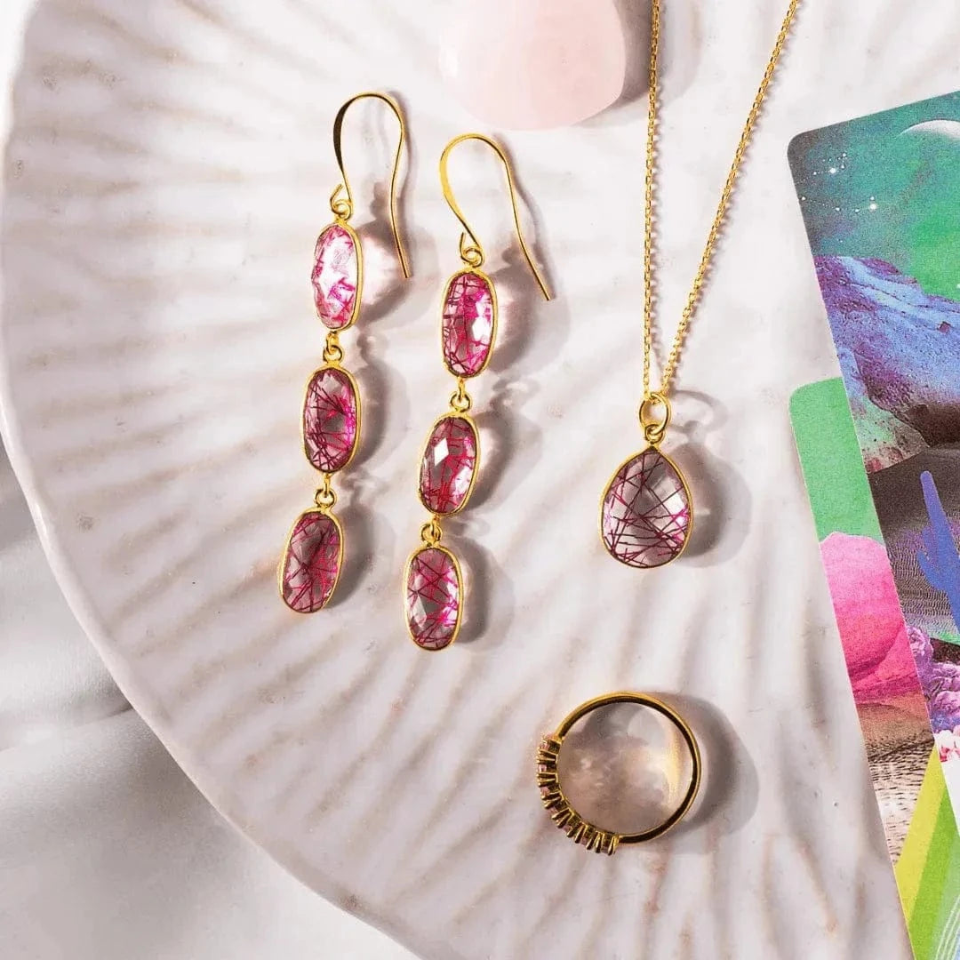 Pink Rutile Statement Earrings and Pendant Necklace