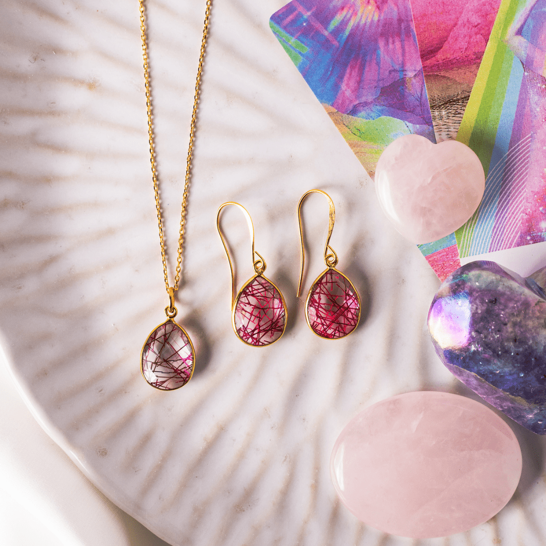 Gold Pink Rutile Teardrop Pendant and Earrings