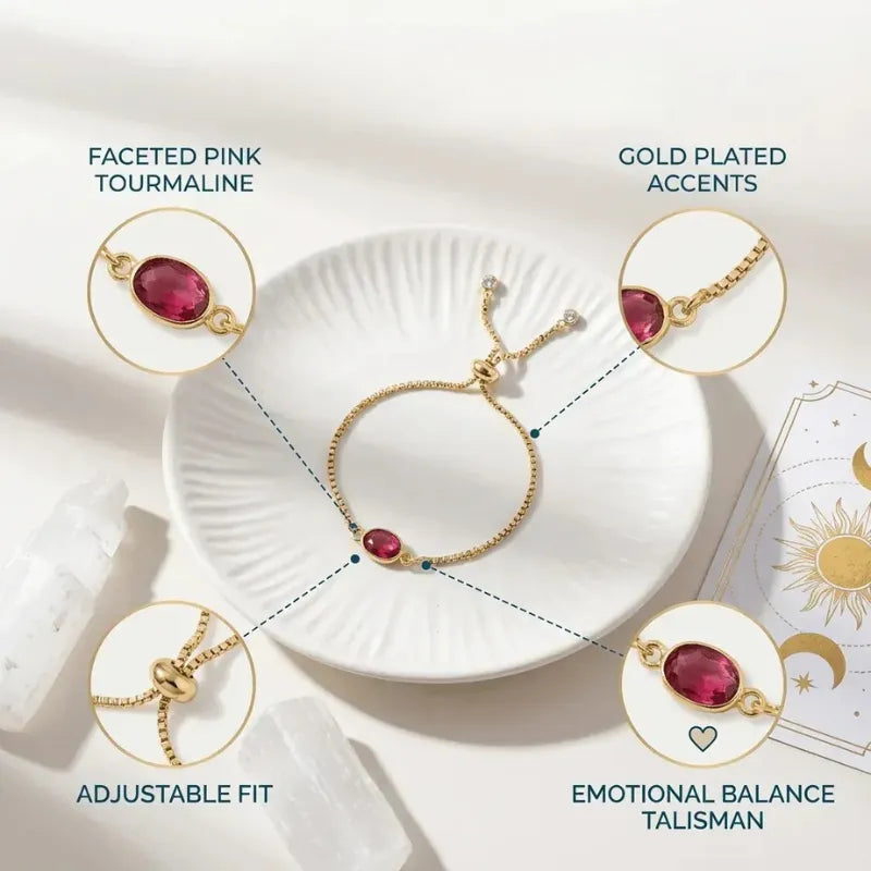 Pink tourmaline adjustable bracelet with stone meaning details, October birthstone jewelry