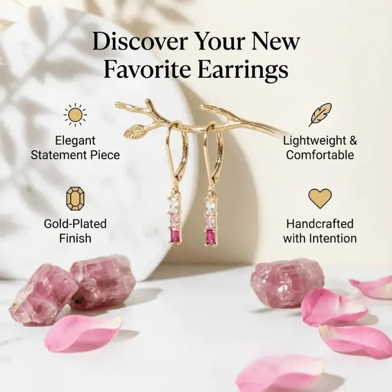 Gold earrings with pink gemstones on a white background with text describing features.