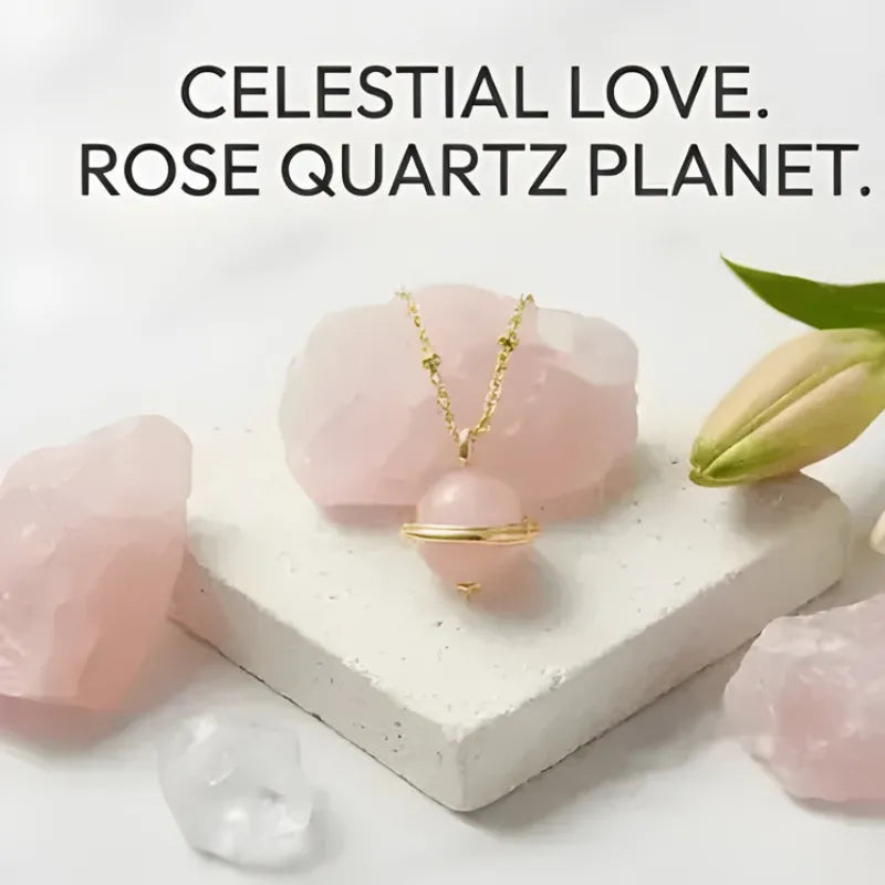 Rose quartz planet necklace with crystals and tulip on a light background
