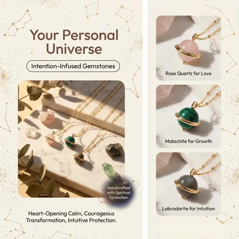 Jewelry set with gemstones labeled for intention-infused properties on a decorative background.